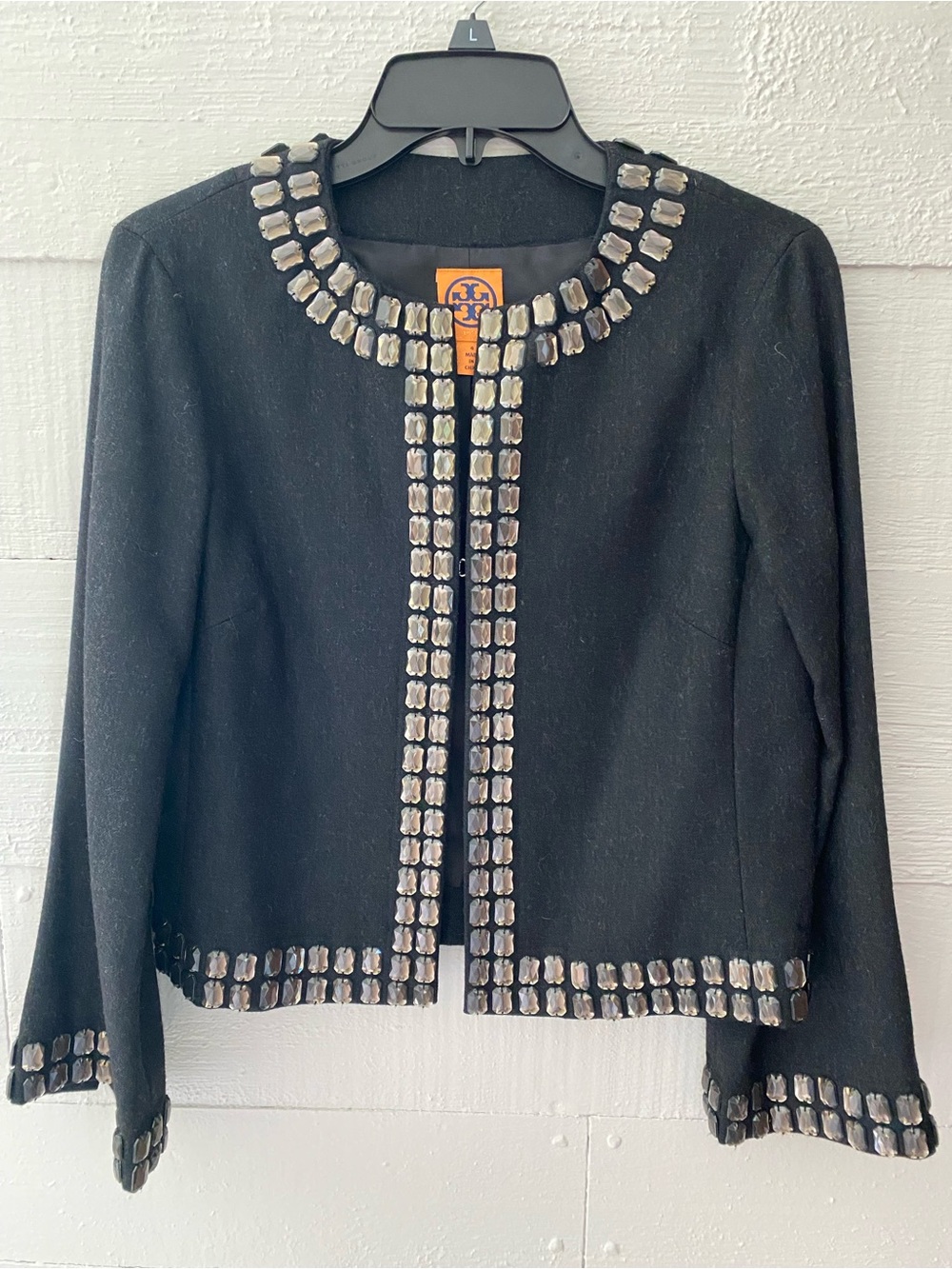 TORY BURCH UNIQUE FAUX DIAMOND STONE TRIM NECK&CUFF GRAY WOOL SIGNATURE JACKET